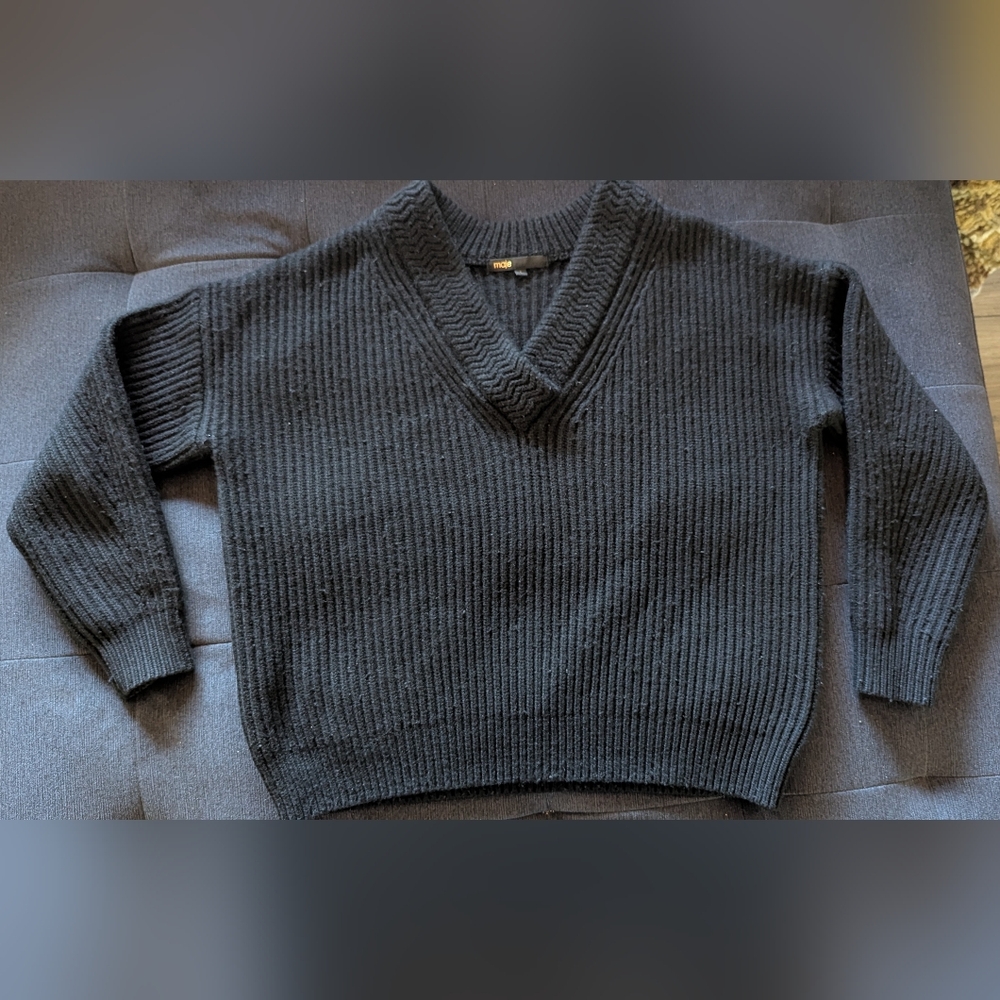 MAJE- Ribbed Black V-Neck Wool Blend Knit Sweater Size 1